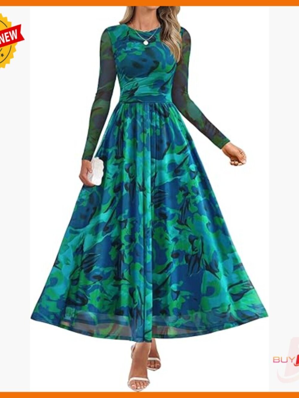 Long Sleeve Maxi Dress Floral Print Mesh Ruched Party Wedding Guest